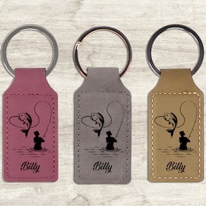 Lasergravierter Angel-Schlüsselanhänger für Männer – personalisierter Leder-Schlüsselanhänger, individueller Schlüsselanhänger mit Namen. Tolles Geschenk zum Vatertag oder Geburtstag