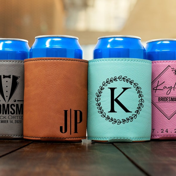 Can Cooler - Custom Leather Beer Can Sleeve for Bridesmaid, Groomsman, Best Man - Can Insulator for Wedding Favor or Role Proposal
