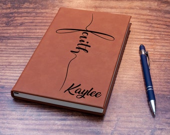 Faith Journal with Cross - Custom Prayer Journal, Personalized Goal Journal for women. Faux Leather Faith notebook for men.