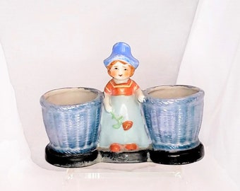 Little Dutch Girl with Two Toothpick Holders, Planter or Matchstick Holders Made In Japan