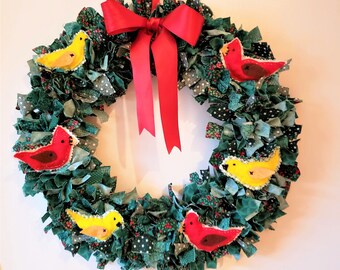 17" Holiday Rag Wreath with Cardinals and Canaries  OOAK