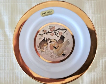 Sun Flower Chokin Art 6 1/4&quot; Decorative Plate With 24K Gold Featuring Ducks And Cherry Blossoms Signed By Artist