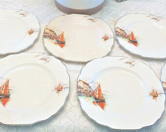 Falling For the Fall Colors of These Rare Staffordshire Myott Vandyke Set of Eight Dinner Plates
