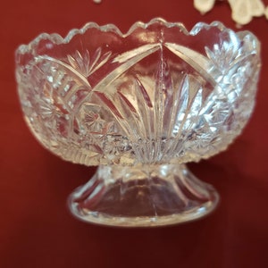May include: A clear glass bowl with a cut glass design. The bowl has a pedestal base.