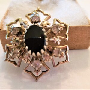 Gold-Tone Sexagonal Brooch With Black Stone And Clear Rhinestones