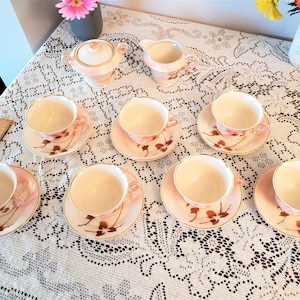 Onondaga Pottery Company (O P Co.)  Old Ivory Syracuse in Madame Butterfly Pattern Tea Cups & Saucers - Set of Seven