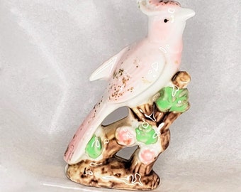Mid Century Hand Painted Pink With Gold Spatter Cardinal On Branch Porcelain Figurine