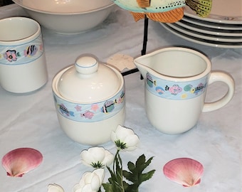 Vitromaster Sea Side Pattern Creamer And Covered Sugar Bowl