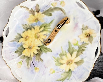 Signed Hand Painted Single Yellow Mums Porcelain NappyWith Gold Finger Loop And Trim And Pierced Edge