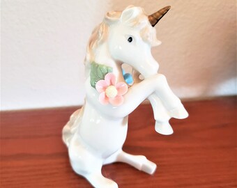 Porcelain Unicorn 4&quot; Figurine With Pink And Blue Flowers