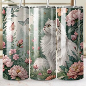 White Persian Cat Tumbler Wrap PNG, Floral Butterfly, Seamless Tapered Straight, Bonus Seamless Pattern, Sublimation Design