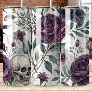Skull and Roses Tumbler,Floral Skull Digital,Purple Flowers Digital Art,Watercolor Skull Tumbler,Dark Floral Digital Download,Gothic Roses