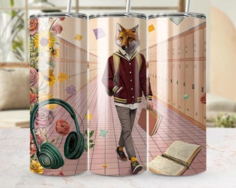 Fox terug naar school beker wrap png, gang bloemenontwerp, voorbereidende schooldieren, digitale download, bonusontwerp png, cadeau leraar