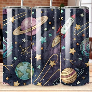 Outer Space Digital Tumbler, Teacher 20 Oz PNG Wrap, Seamless Galaxy Rocket Design, Printable Sublimation Download