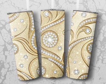 Gold Diamonds Seamless Tumbler Wrap PNG, Glitter Tumbler Design, Elegant Tumbler, Jewelry Tumbler Wrap, 20 Oz Skinny Tumbler, Digital