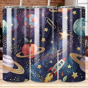 Space Teacher Tumbler, Digital Download,Seamless PNG 20 oz Tumbler Wrap, Planets Stars Rocket, School Supplies Teacher Gift