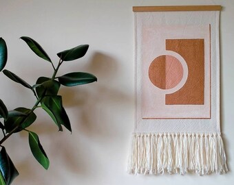 ECLIPSE-Hand Painted Wallhanging in Rose Gold/Bronze/Soft Pink on Woven Cotton Fabric - Natural Wool Yarn Fringe - Tasmanian Oak Hanger