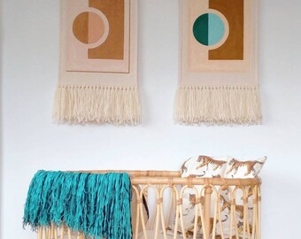 ECLIPSE-Hand Painted Wallhanging in Tan/Blue/Teal-Green/Beige on Woven Cotton Fabric - Natural Wool Yarn Fringe - Tasmanian Oak Hanger