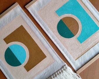 ECLIPSE-Hand Painted Wallhanging in Blue /Tan /Teal-Green/ Beige on Woven Cotton Fabric - Natural Wool Yarn Fringe - Tasmanian Oak Hanger