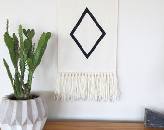 DIAMOND- Hand Painted Wall Hanging, Woven Cotton Fabric, Wool Fringe, Tasmanian Oak Hanger, Minimal Design with Natural Materials
