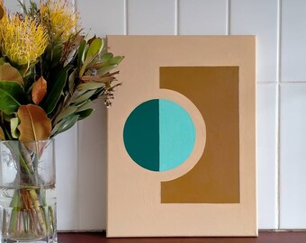 ECLIPSE - CANVAS Hand painted Tan, Blue, and Teal-Green design on a Beige Background 30cm X 40cm, wall art, Sustainable Pine Frame