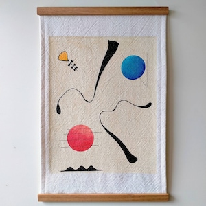 HARMONIC- Hand Painted, Original Art Wallhanging. On Woven cotton fabric. Tasmanian Oak Hangers. Optional wool Fringe. Abstract + Sphere&#39;s