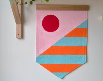 EASY STREET- Hand Painted Wallhanging in Orange/Blue/Pink/Yellow on Woven Cotton Fabric- Tasmanian Oak Hanger-Banner Size 30cm X 43cm