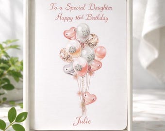 Puede incluir: Tarjeta de cumpleaños con el texto "To a Special Daughter Happy 16th Birthday" en fuente cursiva. La tarjeta presenta un ramo de globos en rosa, plata y estampado de leopardo, con detalles de joyas. El nombre "Julie" está escrito en la parte inferior.
