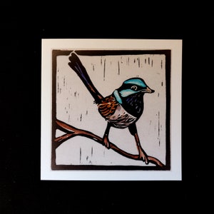 Tasmaanse Superb Fairy Wren - linoprint wenskaart