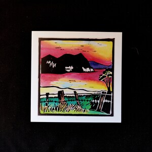 Sunset Over Hellfire Bluff (Cape Bernier) Tasmânia - cartão de felicitações em linoprint