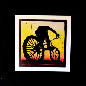 Tassie Mountain Biking - linoprint greeting card