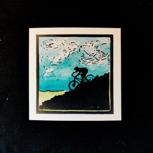 Tassie Mountain Biking - linoprint greeting card
