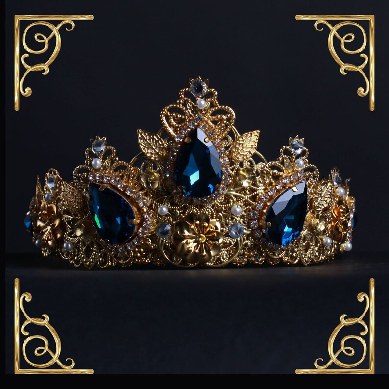 Gold Queen Crown Baroque Crown Blue Queen tiara custom Etsy