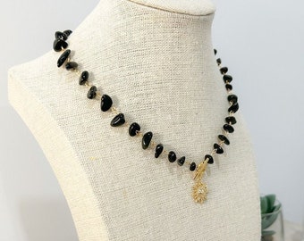 Black and Gold Sun Pendant Necklace | Black Onyx Necklace | Toggle Necklace