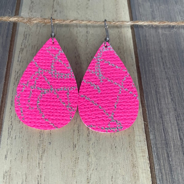 Sm. Teardrop Earrings- Neon Pink w/ Silver Scribbles (Vegan Leather, Faux Leather, Trendy Earrings, Lightweight Earrings)