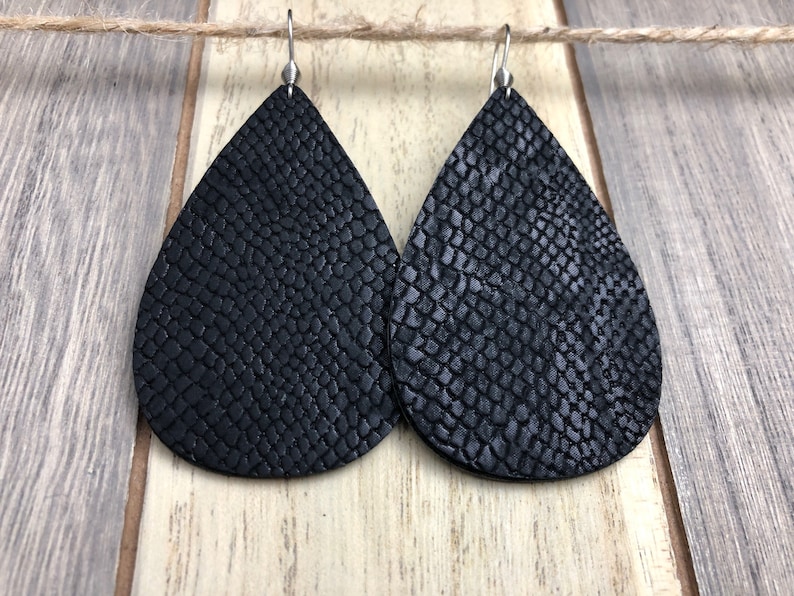 Teardrop Earrings Lg Black Anaconda Vegan Leather, Faux Leather, Trendy Earrings, Lightweight Earrings