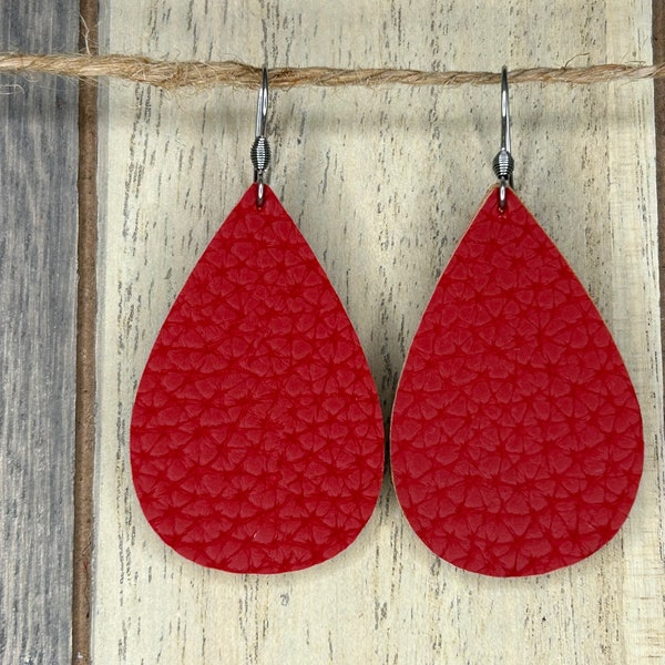 Sm. Teardrop Earrings- Red (Vegan Leather, Faux Leather, Trendy Earrings, Lightweight Earrings)
