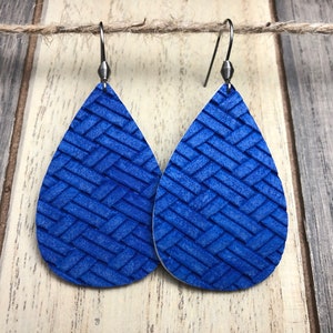 Sm. Teardrop Earrings- Royal Blue Basket Weave (Vegan Leather, Faux Leather, Trendy Earrings, Lightweight Earrings)