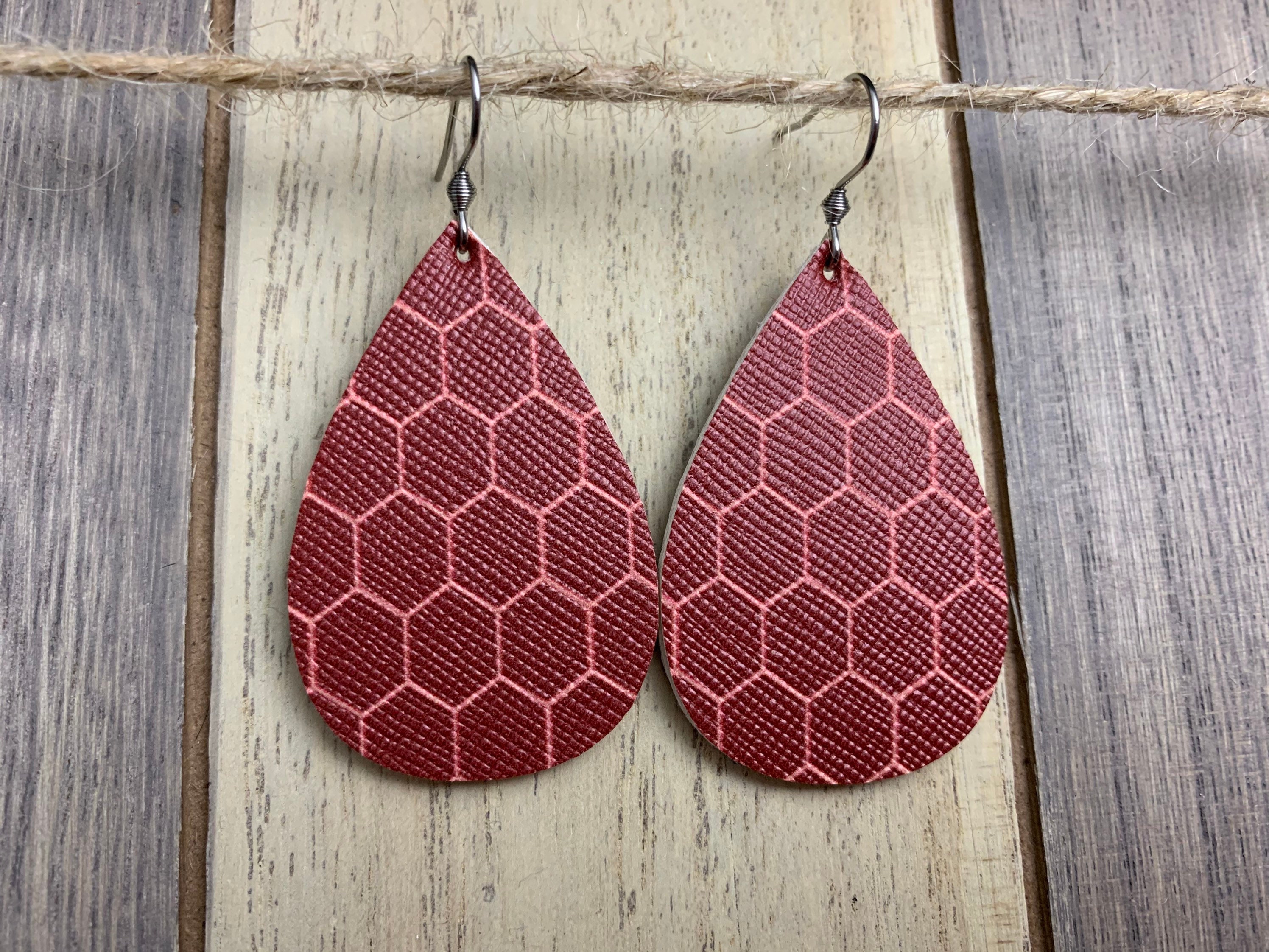 Sm. Teardrop Earrings Maroon Honeycomb vegan Leather Faux - Etsy UK