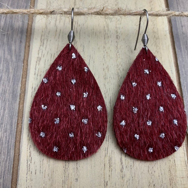 Sm. Teardrop Earrings- Burgundy Fur w/ Silver Dots (Vegan Leather, Faux Leather, Trendy Earrings, Lightweight Earrings Earrings)