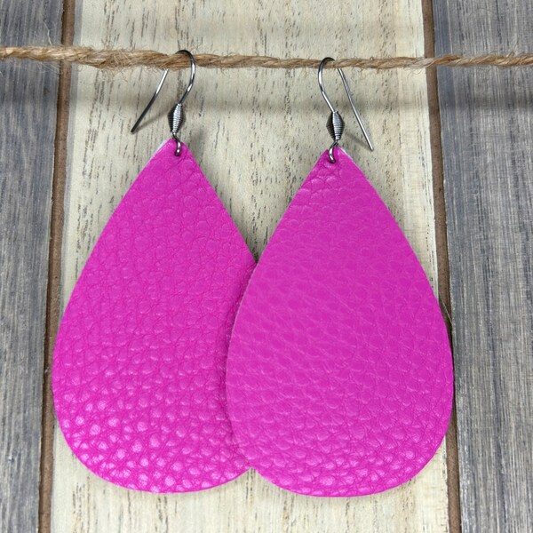 Lg. Teardrop Earrings- Magenta (Vegan Leather, Faux Leather, Trendy Earrings, Lightweight Earrings)