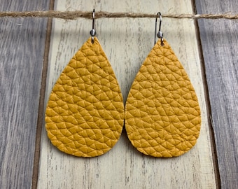 Sm. Teardrop Earrings- Mustard (Vegan Leather, Faux Leather, Trendy Earrings, Lightweight Earrings)