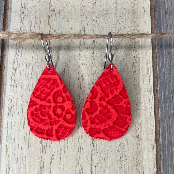 Mini Teardrop Earrings- Red Lace (Vegan Leather, Faux Leather, Trendy Earrings, Lightweight Earrings)