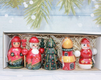 Christmas Tree Decorations Wooden Hand Painted Set of 5 Pieces Christmas Gift