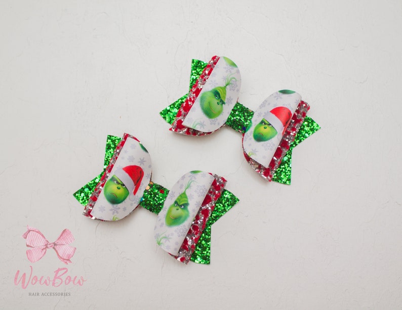 Grinch Christmas Hair Bow Grinch Faux Leather Bow Christmas Etsy