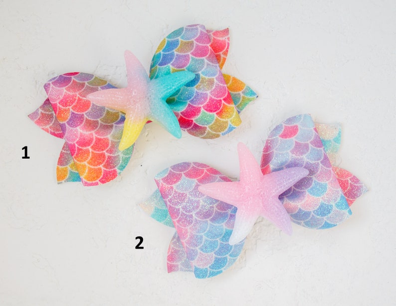 Starfish glitter hair bow Mermaid glitter scale bows Glitter faux leather bow Starfish beach hair bow Mermaid hair clip Starfish headband