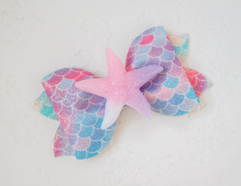 Starfish glitter hair bow Mermaid glitter scale bows Glitter faux leather bow Starfish beach hair bow Mermaid hair clip Starfish headband