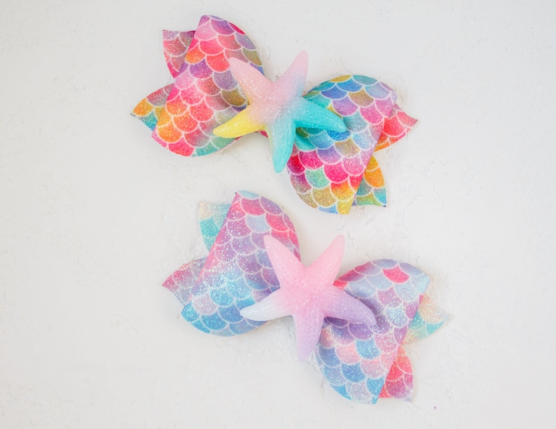 Starfish glitter hair bow Mermaid glitter scale bows Glitter faux leather bow Starfish beach hair bow Mermaid hair clip Starfish headband
