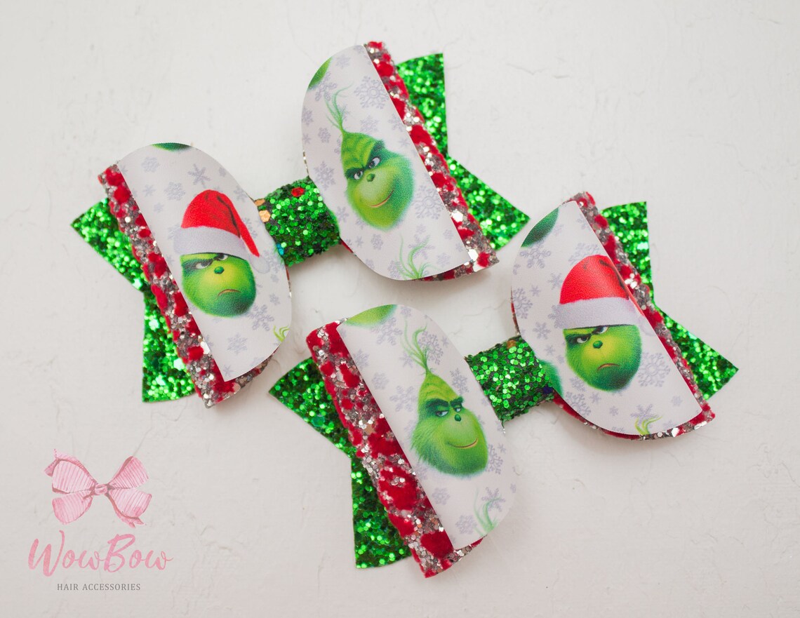 Grinch Christmas hair bow Grinch faux leather bow Christmas Etsy