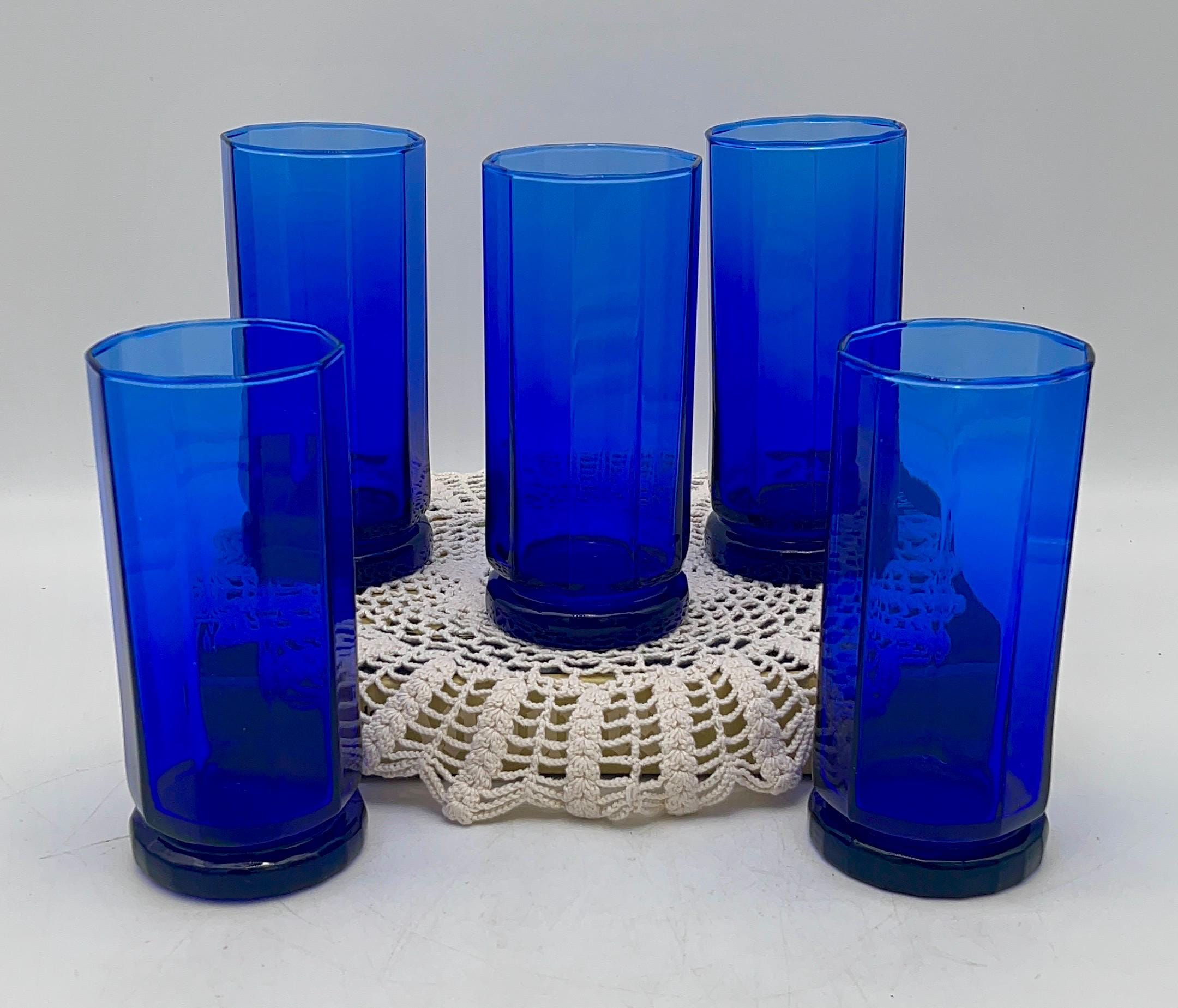 Set of 5 Vintage Anchor Hocking Cobalt Blue Tumbler Glasses | Decagon “Essex” Glasses - Cobalt Blue - Anchor Hocking ice tea glasses